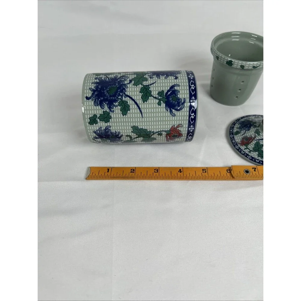 Chinese Porcelain Tea Mug With Lid & Infuser Floral Blue Green Tea Cup Tumbler